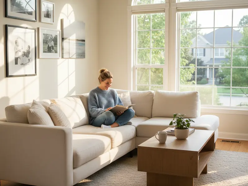 White family relaxing on couch in freshly cleaned suburban living room