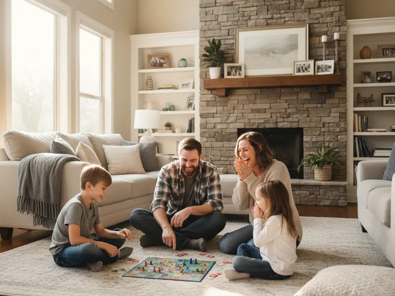 White family enjoying quality time together in clean suburban home